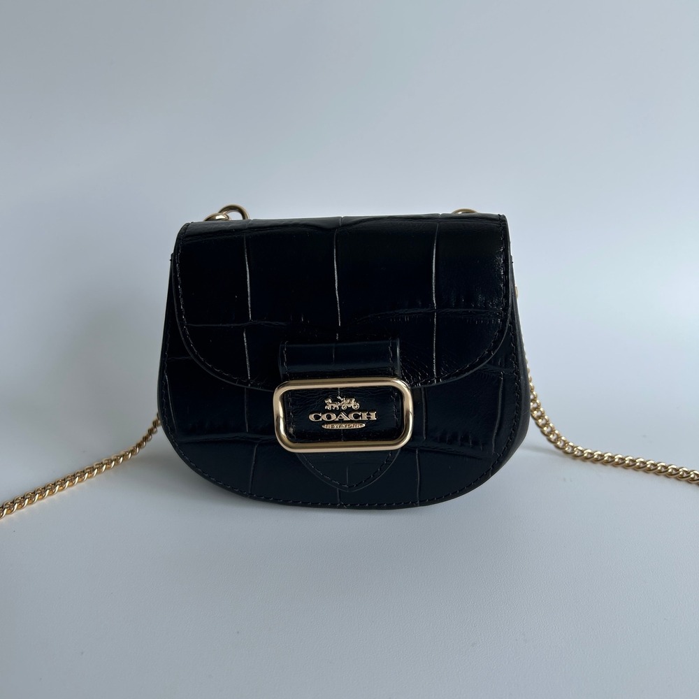 Coach Morgan Mini Wallet Card Case on a Chain Black Croc Embossed Leather CN379